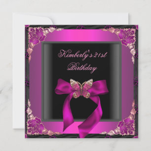 21st Birthday Party Black Silver Pink Butterfly Invitation