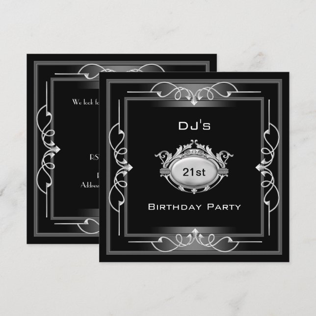 21st Birthday party  Black Silver White Art Deco Invitation (Front/Back)