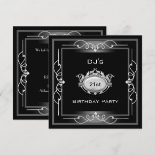 21st Birthday party Black Silver White Art Deco Invitation