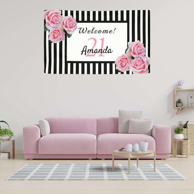 21st birthday party black white stripes florals banner (Creator Uploaded)