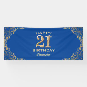 21st Birthday Party Blue and Gold Glitter Frame Banner