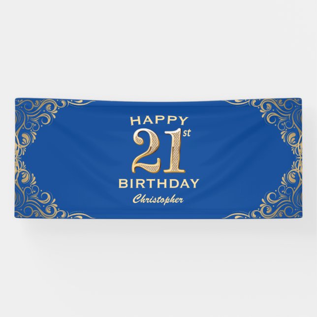 21st Birthday Party Blue and Gold Glitter Frame Banner (Horizontal)