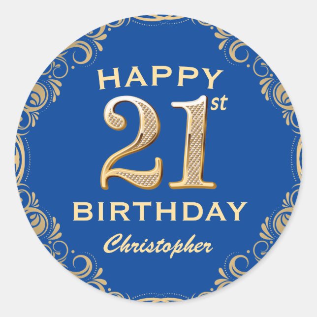 21st Birthday Party Blue and Gold Glitter Frame Classic Round Sticker (Front)