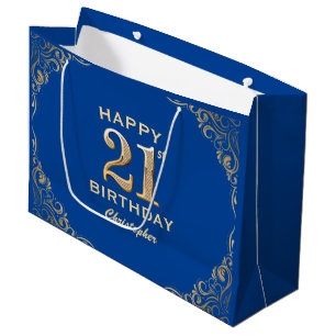 21st Birthday Party Blue and Gold Glitter Frame Large Gift Bag