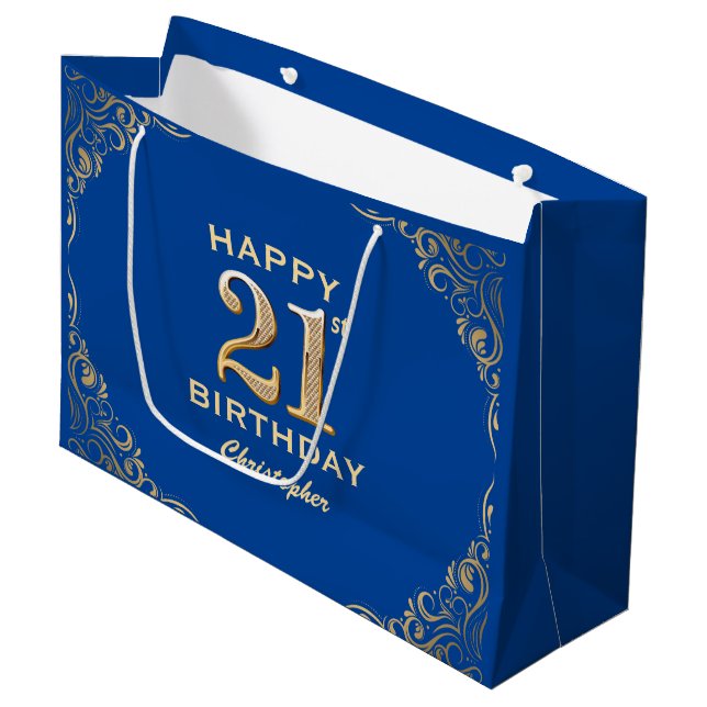 21st Birthday Party Blue and Gold Glitter Frame Large Gift Bag (Front Angled)