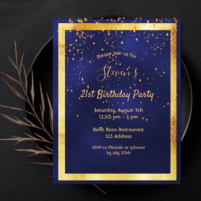 21st birthday party blue gold confetti invitation postcard (Creator Uploaded)