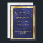 21st birthday party blue gold confetti sprinkle invitation<br><div class="desc">A trendy,  modern 21st birthday party invitation card for men,  guys,  male.   A dark blue,  navy blue background. The blue colour is uneven.  With a faux gold frame and golden confetti sprinkle,  golden coloured letters. Templates for your party information.
Back: blue background with confetti sprinkle.</div>