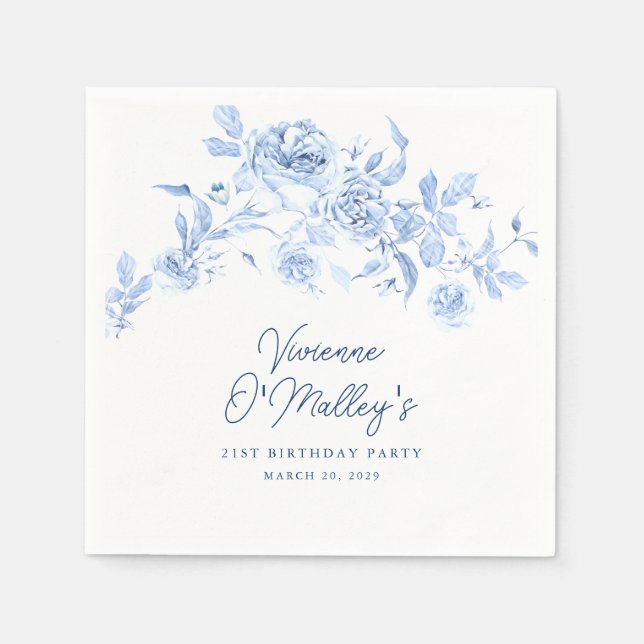 21st Birthday Party Blue Rose Floral Custom Napkin (Front)