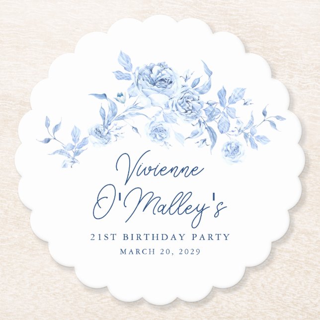 21st Birthday Party Blue Rose Floral Custom Paper Coaster (Front)