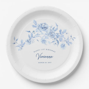 21st Birthday Party Blue Rose Floral Custom Paper Plate