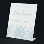 21st Birthday Party Blue White Snowflake Welcome  Pedestal Sign<br><div class="desc">Delicate pastel snowflakes create an elegant pattern perfect for a Christmas or winter birthday party. All text can be edited.</div>