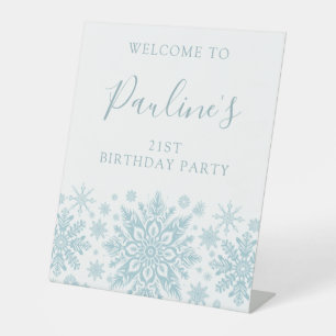 21st Birthday Party Blue White Snowflake Welcome  Pedestal Sign