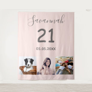 21st birthday party blush pink photo name tapestry