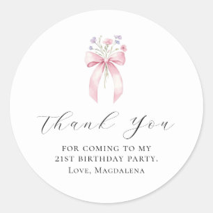 21st Birthday Party Bow Custom Thank You Favour Classic Round Sticker