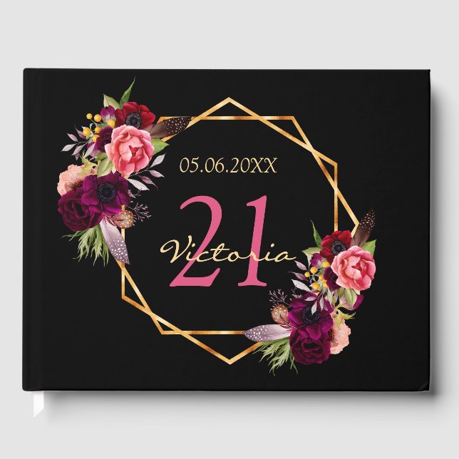 21st birthday party burgundy florals geometric guest book (Front)