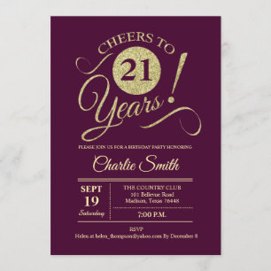 21st Birthday Party - Burgundy Gold Invitation