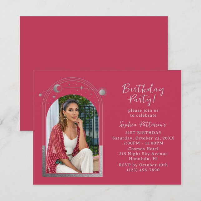 21st Birthday Party Celestial Photo Magenta Silver Invitation (Front/Back)