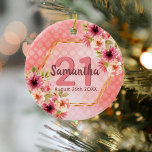 21st birthday party coral gold dahlia flowers ceramic ornament<br><div class="desc">A trendy ornament for a 21st birthday, as a favour, gift or keepsake. With a faux gold hexagon geometrical shaped frame. Decorated with watercolored dahlia flowers in pink, cream and coral. Living coral with polka dots as background. Templates for a name, age 21 and a date. Date of birth or...</div>