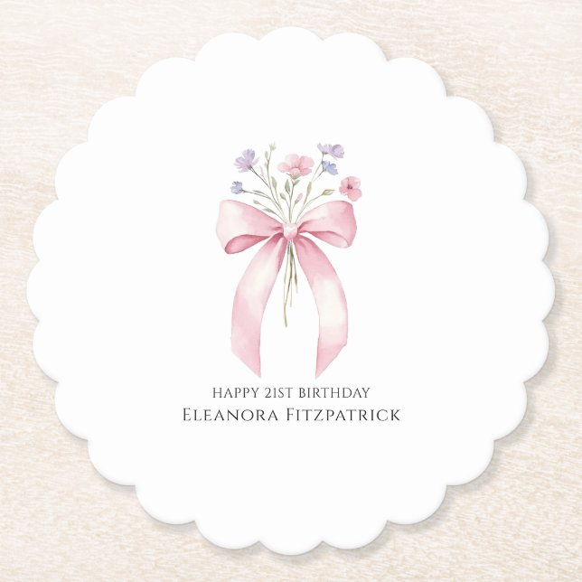 21st Birthday Party Custom Coaster Bow Wildflower (Front)