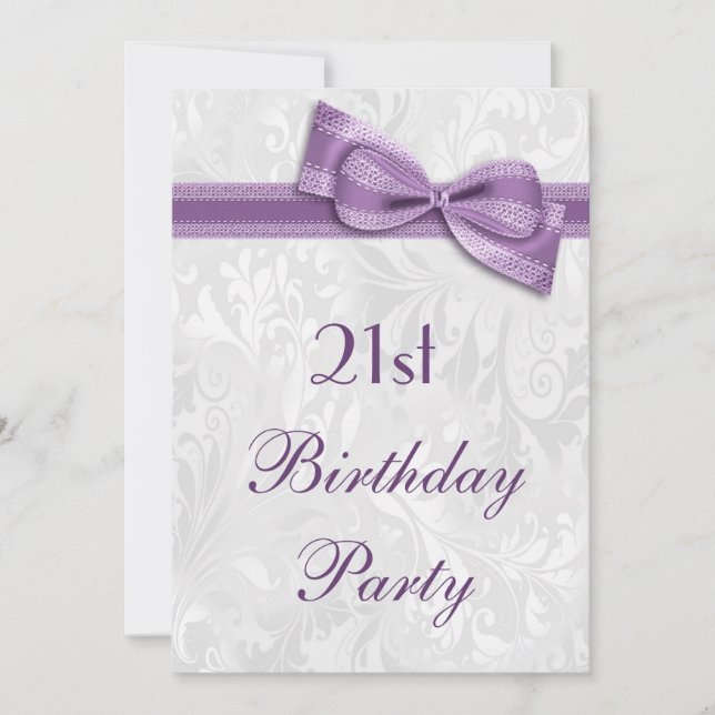 21st Birthday Party Damask and Faux Bow Invitation (Front)