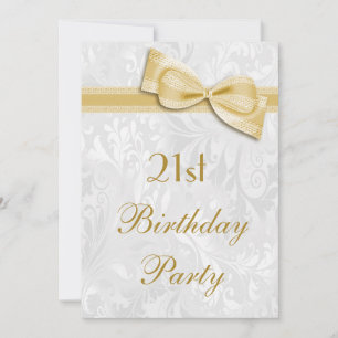 21st Birthday Party Damask and Faux Bow Invitation