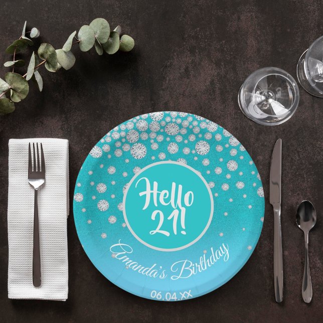 21st birthday party diamonds teal blue glitter paper plate (Creator Uploaded)