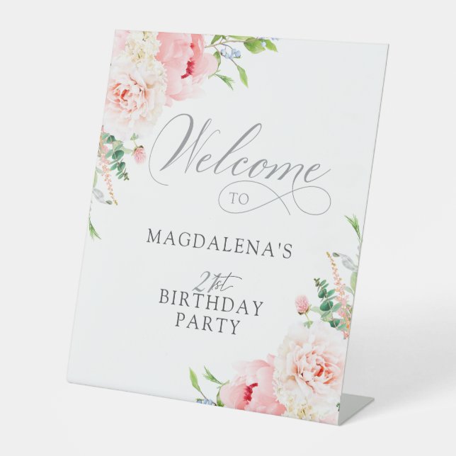 21st Birthday Party Elegant Pink Floral Welcome Pedestal Sign (Front)