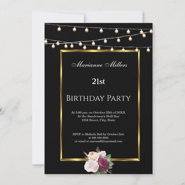 21st Birthday Party Fairy Lights Roses Black Invitation (Front)