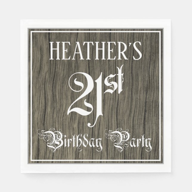 21st Birthday Party — Fancy Script, Faux Wood Look Napkin (Front)