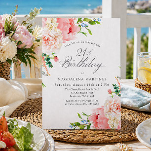 21st Birthday Party Feminine Pink Roses Floral Invitation