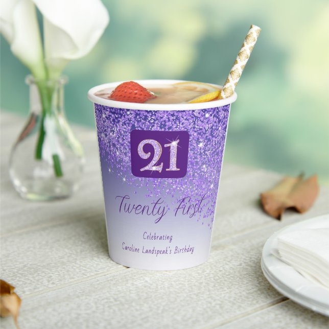 21st Birthday Party Gleaming Purple Glitter Paper Cups (Insitu)
