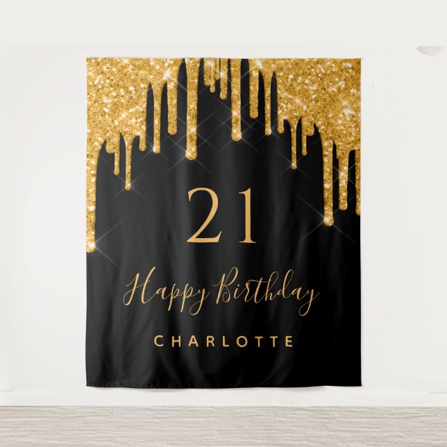 21st birthday party glitter black gold sparkle tapestry (Front)