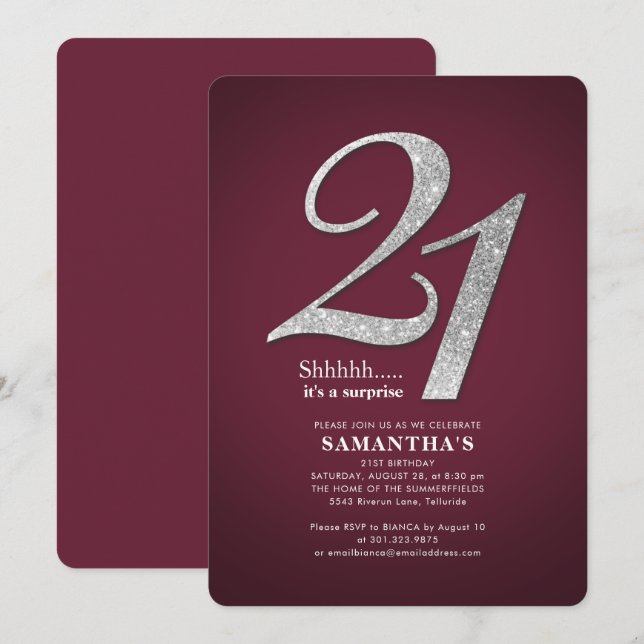 21st Birthday Party Glitter Burgundy Modern Invitation (Front/Back)