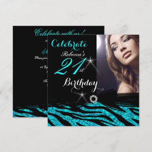 21st Birthday Party Glitter Teal Blue Zebra 4a Invitation