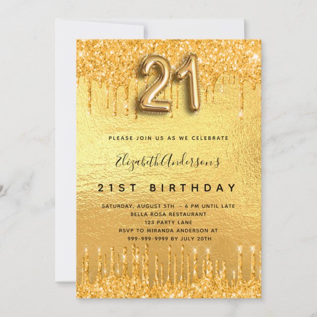 21st birthday party gold glitter drips invitation (Front)