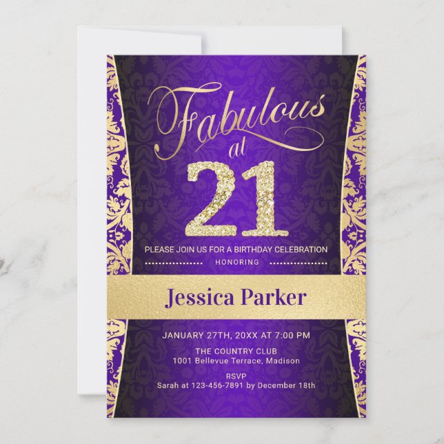21st Birthday Party - Gold Purple Invitation (Front)