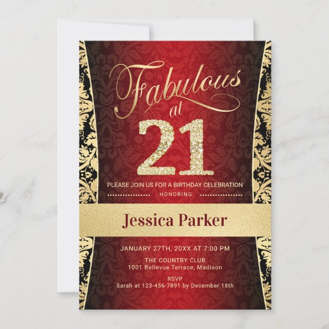 21st Birthday Party - Gold Red Black Invitation (Front)
