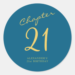 21st Birthday Party Gold Script Blue Classic Round Sticker