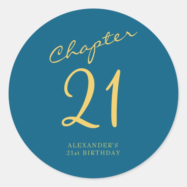 21st Birthday Party Gold Script Blue  Classic Round Sticker (Front)