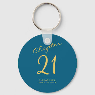 21st Birthday Party Gold Script Blue  Keychain