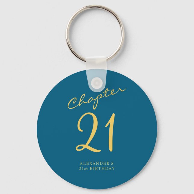 21st Birthday Party Gold Script Blue  Keychain (Front)