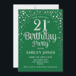 21st Birthday Party - Green & Silver Invitation<br><div class="desc">21st Birthday Party Invitation.
Elegant design in emerald forest green and faux glitter silver. Features stylish script font and confetti. Message me if you need custom age.</div>
