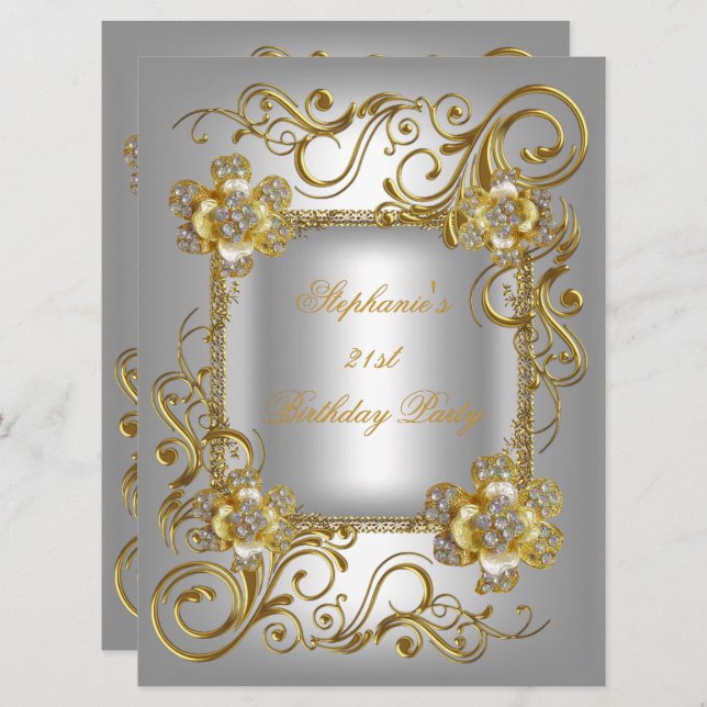 21st Birthday Party Grey Silver Gold Diamond 3 Invitation (Front/Back)