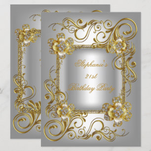 21st Birthday Party Grey Silver Gold Diamond 3 Invitation