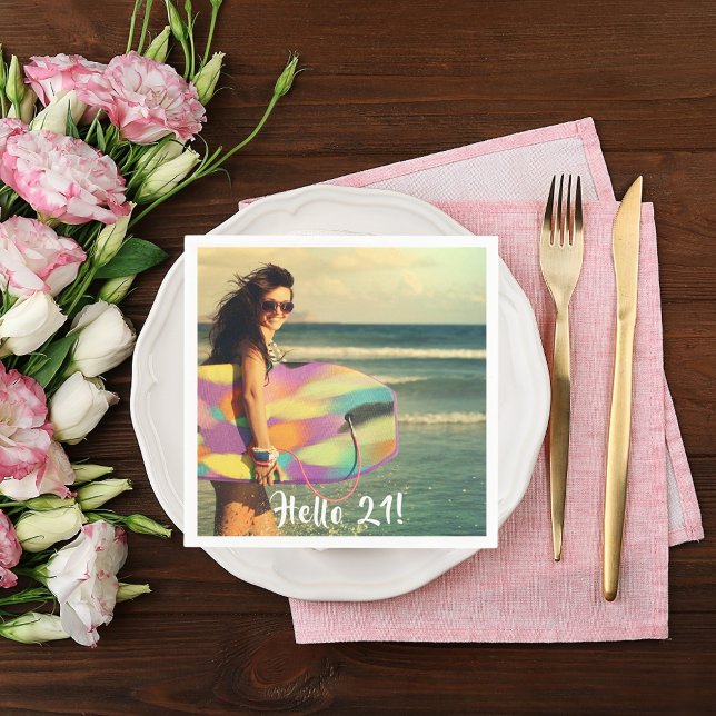 21st birthday party hello 21 photo girl napkin (Creator Uploaded)