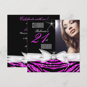 21st Birthday Party Hot Pink 21 Zebra Photo 3 Invitation