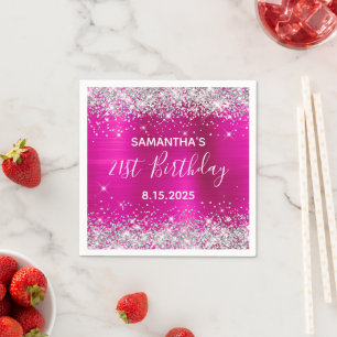 21st Birthday Party Hot Pink and Silver Glitter Napkin
