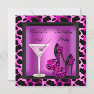 21st Birthday Party Hot Pink Leopard Martini Invitation