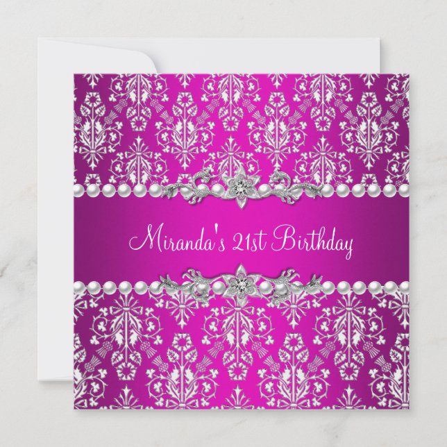 21st Birthday Party Hot Pink White Pearl Lace Invitation (Front)