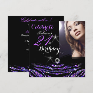 21st Birthday Party Hot Purple 21 Zebra Photo 4 Invitation